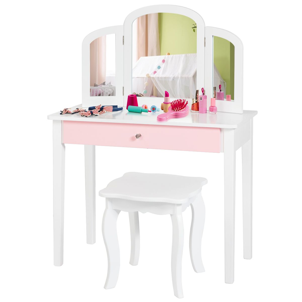 Detský toaletný stolík 2 v 1 s trojitým skladacím zrkadlom a zásuvkou v bielej farbe